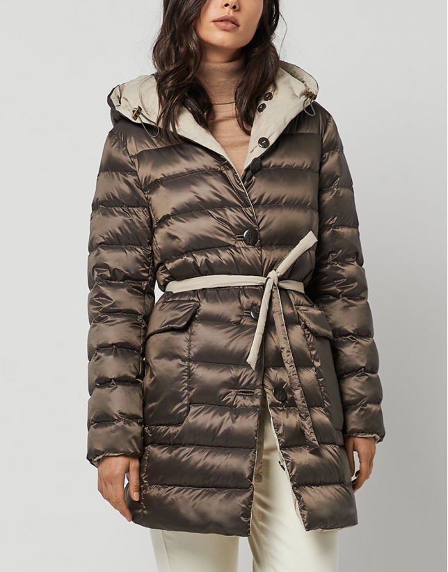 Long brown/beige quilted coat with belt