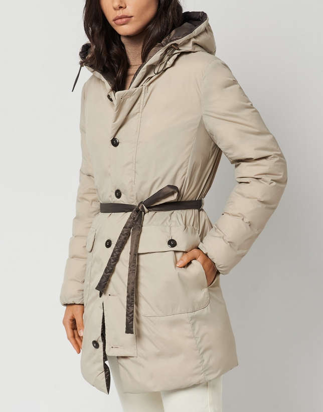 Long brown/beige quilted coat with belt