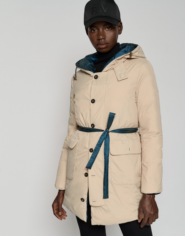Long green/beige quilted coat with belt