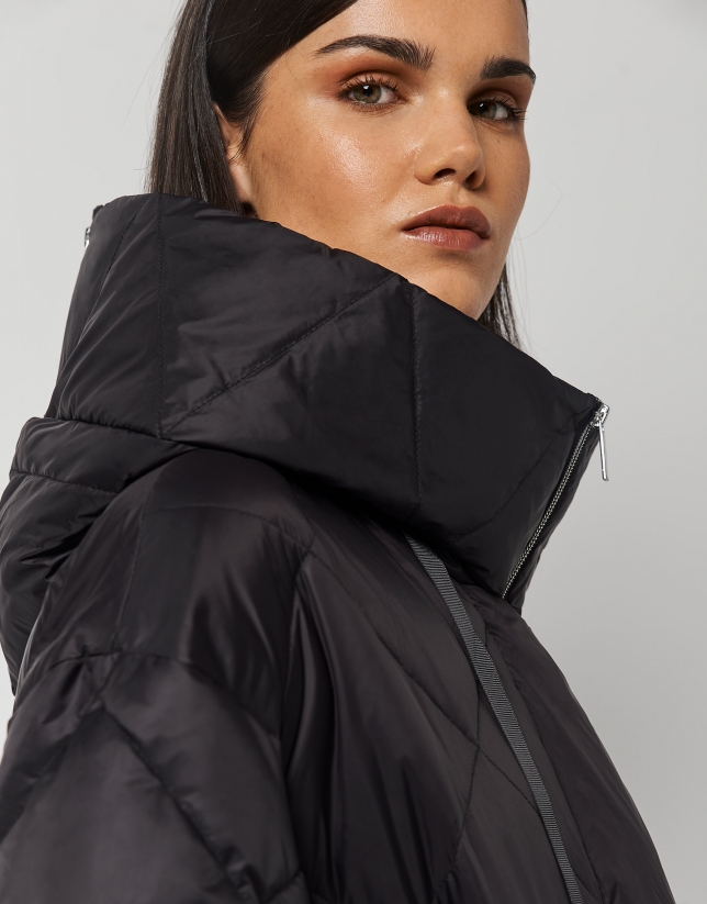 Black down jacket with zipper hood