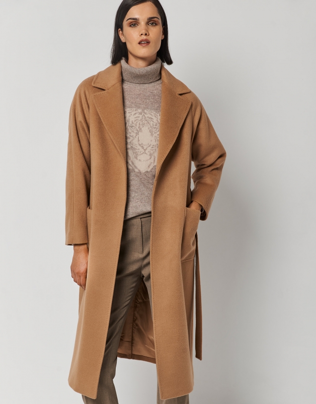 Long double-breasted camel wool and angora coat