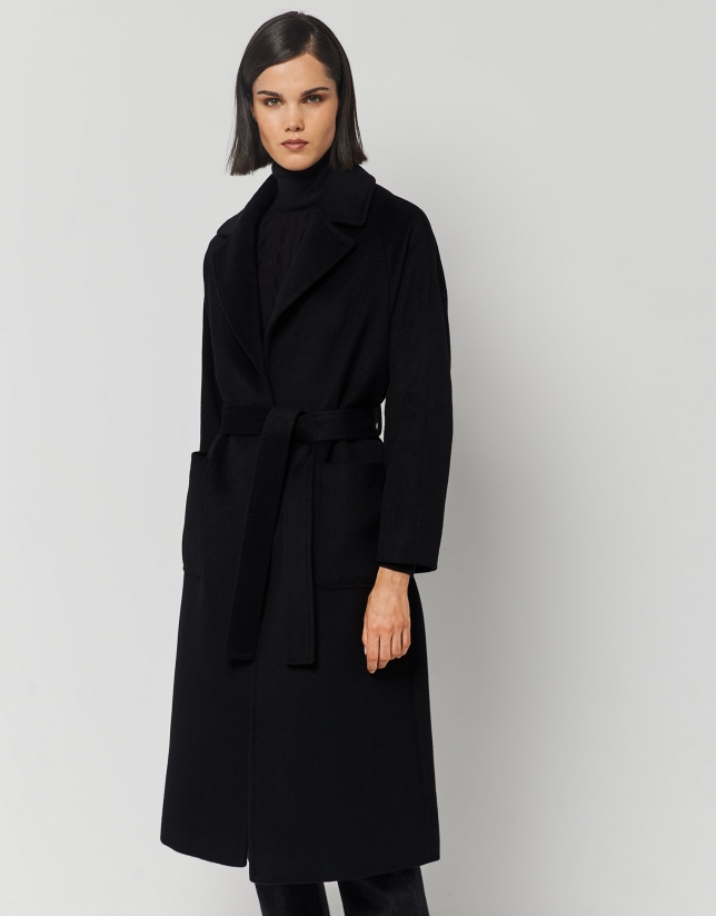 Long double-breasted black wool and angora coat
