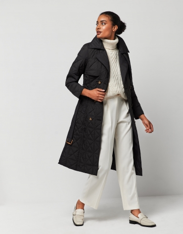 Long black quilted raincoat