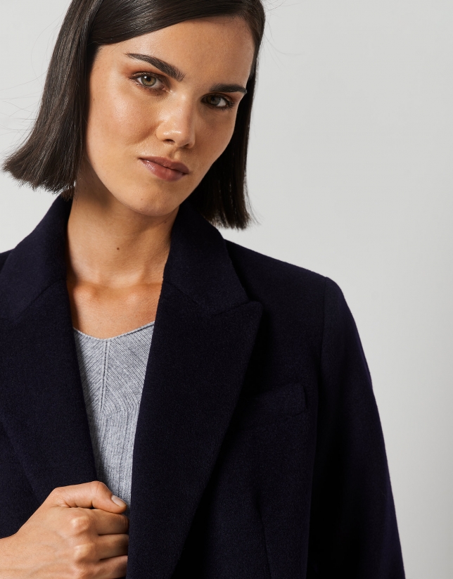 Long navy blue wool double-breasted coat