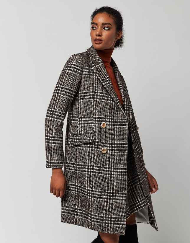 Long gray and brown glen plaid double-breasted coat