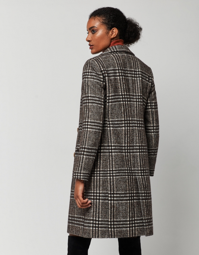 Long gray and brown glen plaid double-breasted coat