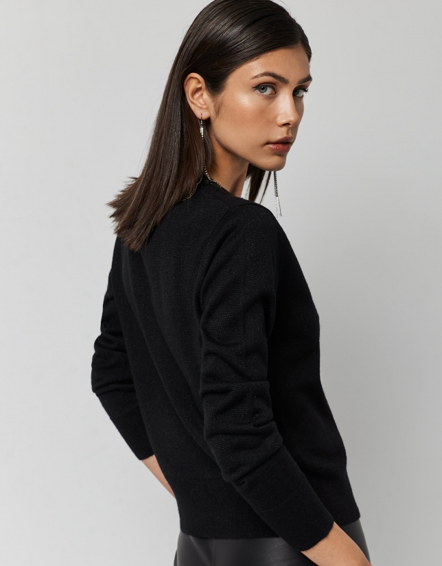 Black fine knit jacket with rhinestones on collar