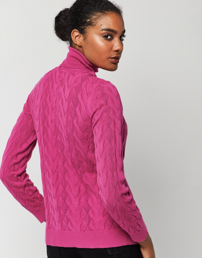 Fuchsia thick knit sweater with turtleneck