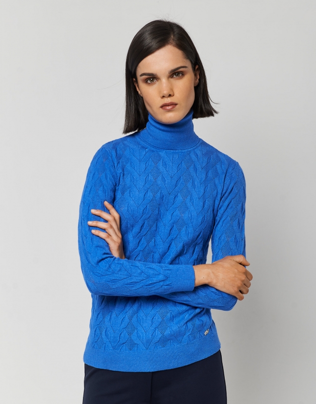 Klein blue thick knit sweater with turtleneck