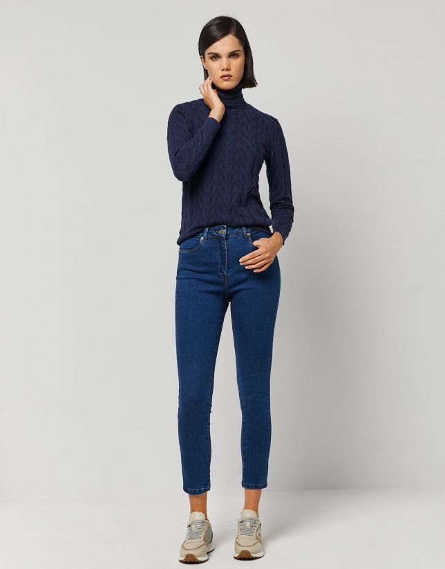 Navy blue thick knit sweater with turtleneck
