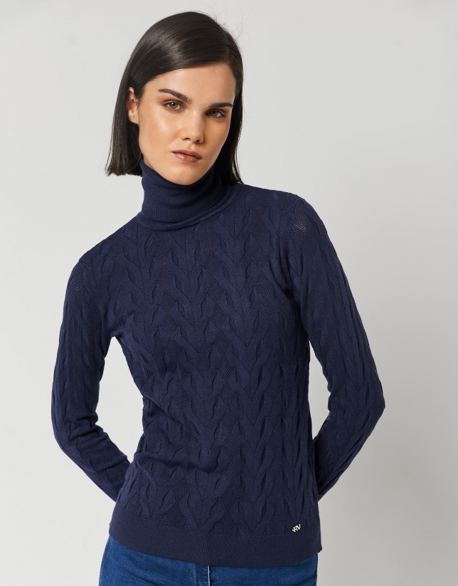 Navy blue thick knit sweater with turtleneck