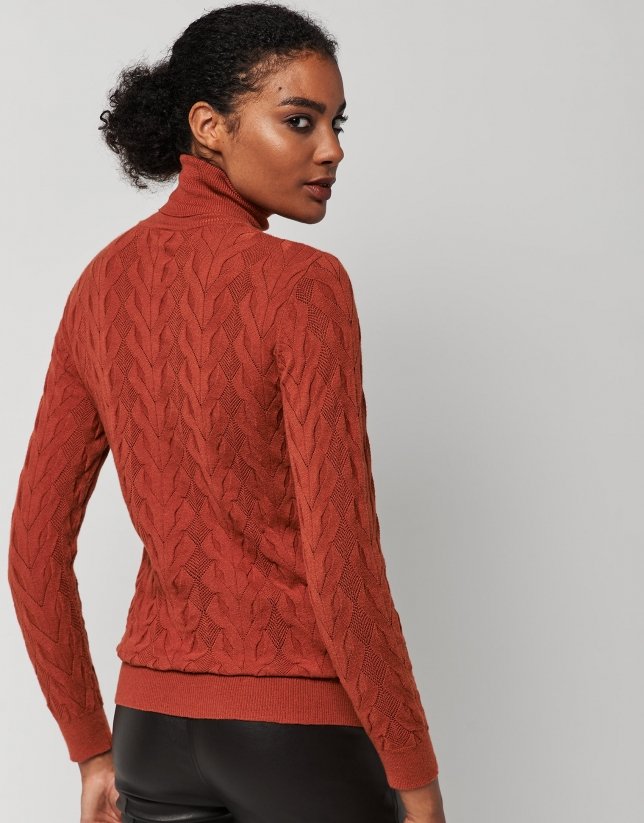Orange thick knit sweater with turtleneck