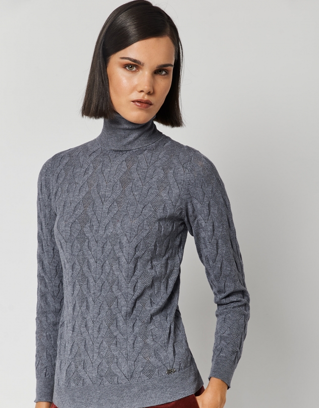 Gray thick knit sweater with turtleneck