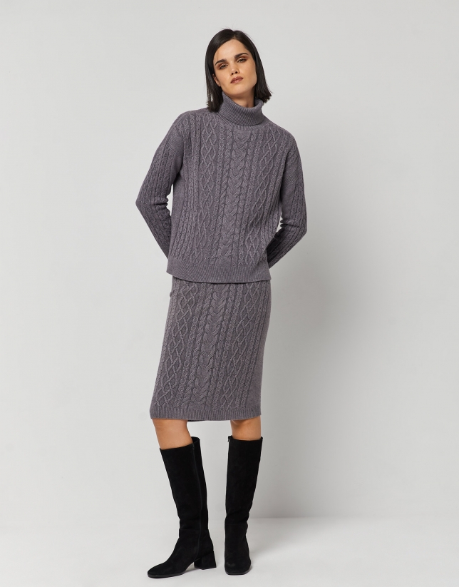 Gray knit cable-stitched sweater and turtleneck