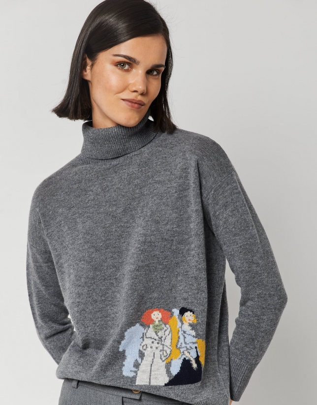 Wool and angora jacquard sweater with design of figures at the bottom