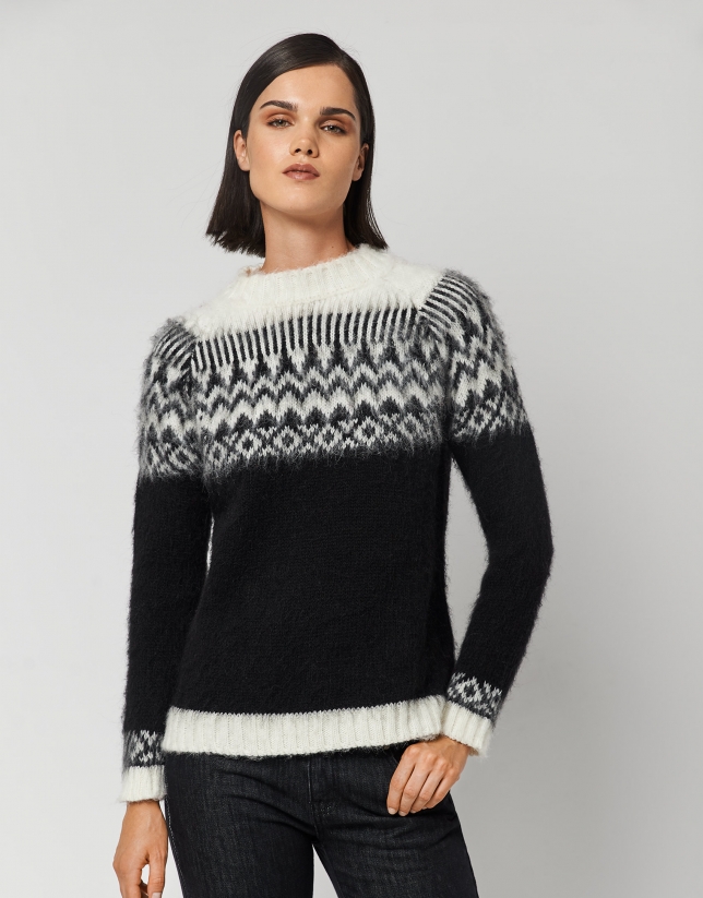Black and white jacquard knit sweater