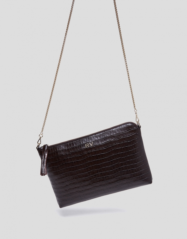 Brown alligator embossed leather Lisa clutch bag