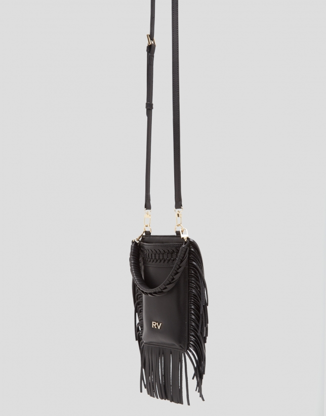 Black leather cellphone case with braiding and fringe 