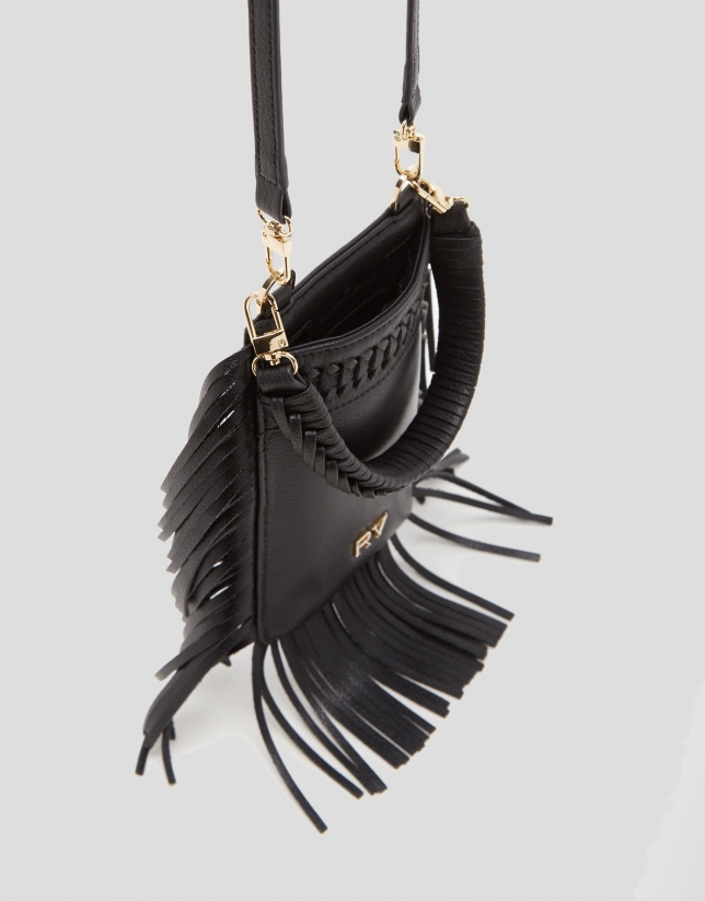 Black leather cellphone case with braiding and fringe 