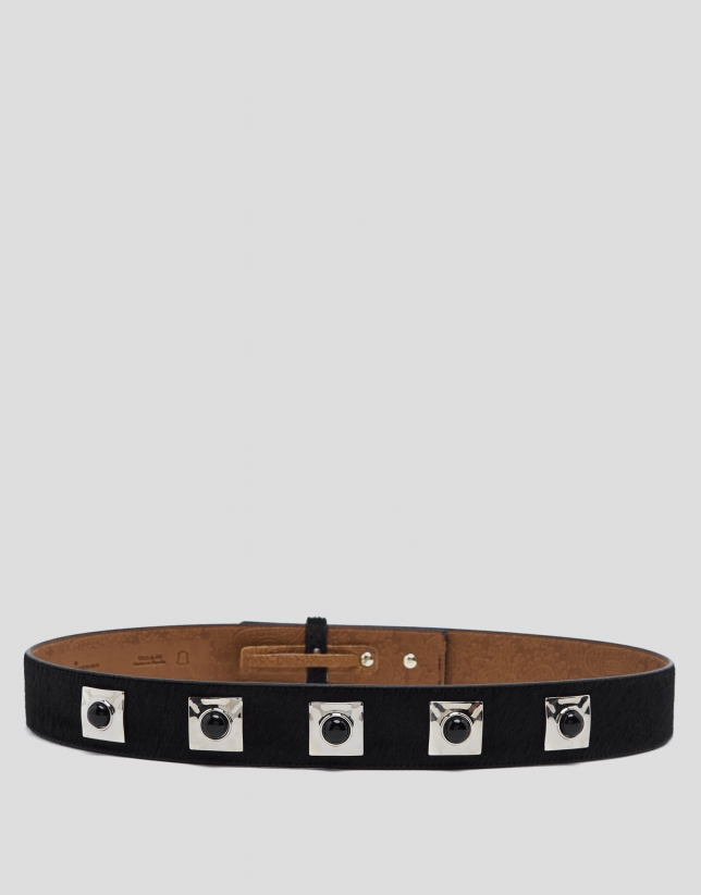 Black leather belt with decorative jet stones