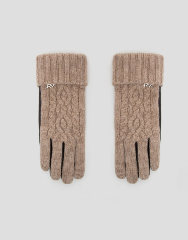 Brown and beige knit gloves with gray cable-stitch design