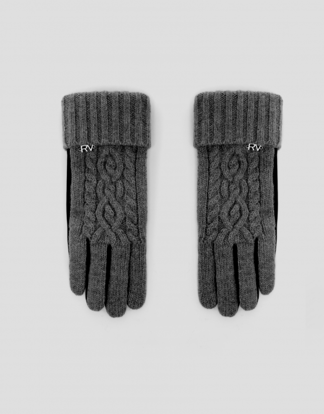 Black leather and knit gloves with gray cable-stitch design