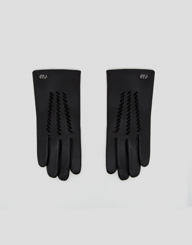 Black leather gloves with stitching design on the top