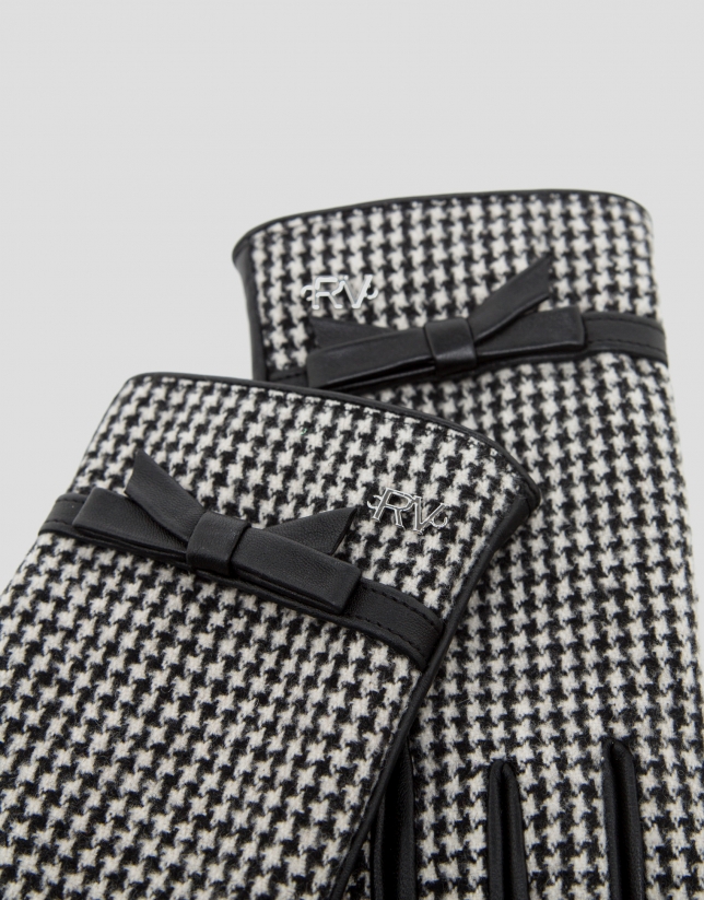 Black leather gloves with houndstooth design