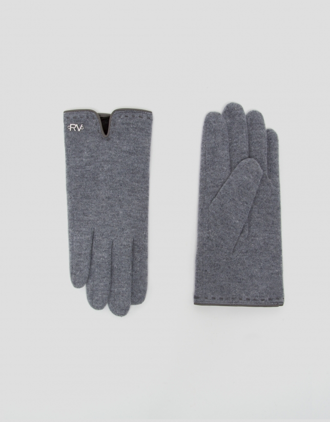 Gray knit gloves with leather trim
