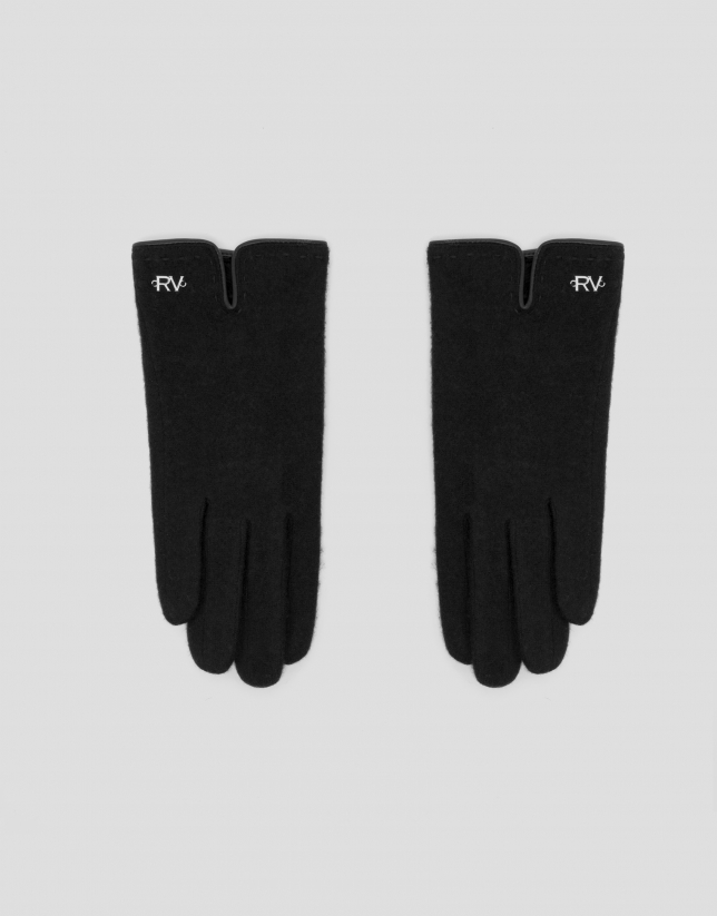 Black knit gloves with leather trim