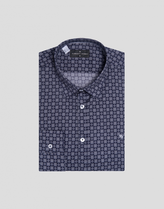 Navy blue and white geometric print sport shirt