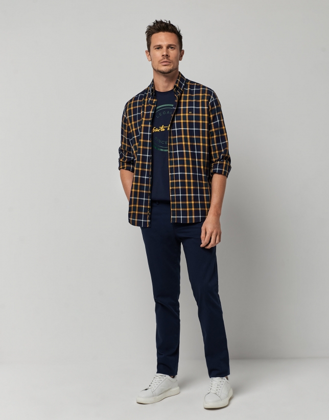 Navy, green and yellow checked sport shirt