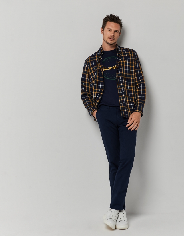 Navy, green and yellow checked sport shirt