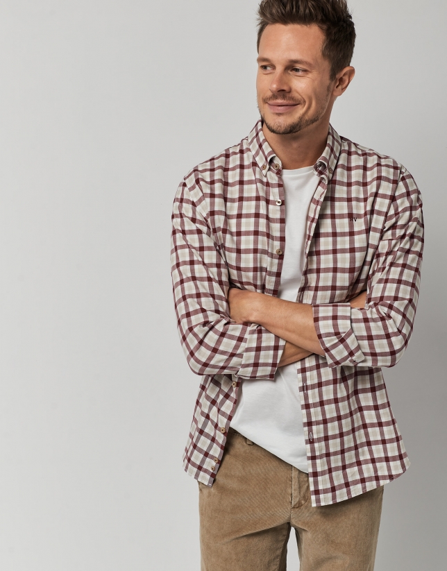 Burgundy and beige checked sport shirt