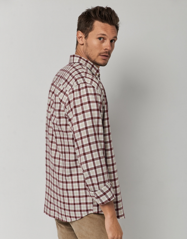 Burgundy and beige checked sport shirt