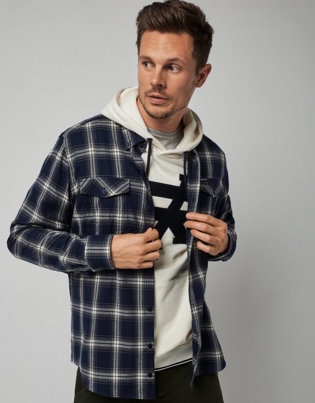Beige and gray checked flannel casual shirt