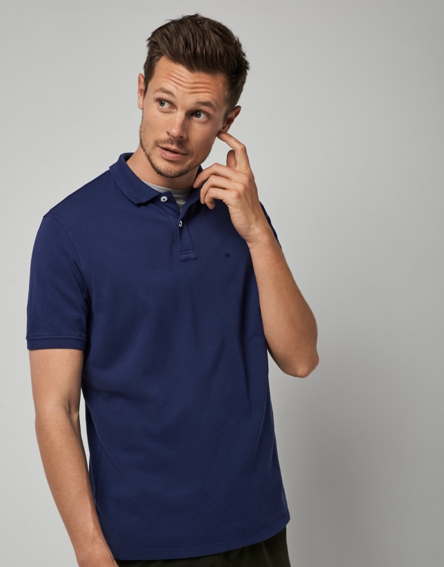 Dyed klein blue pique cotton polo shirt