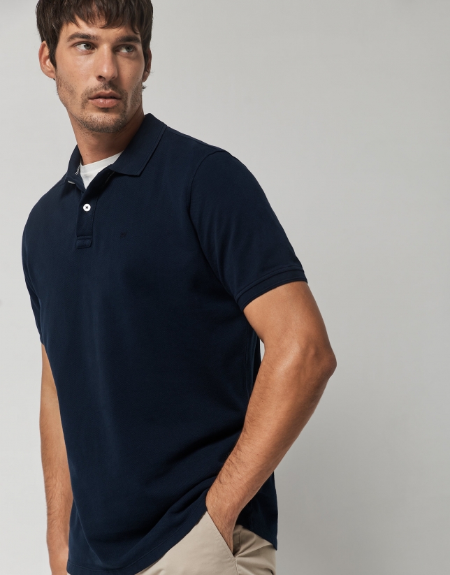 Dyed navy blue pique cotton polo shirt