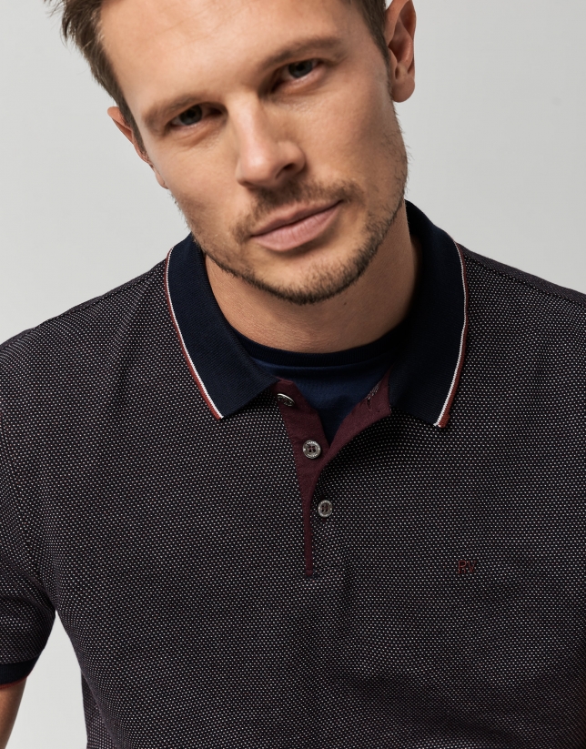 Navy blue, red and white mercerized jacquard polo shirt