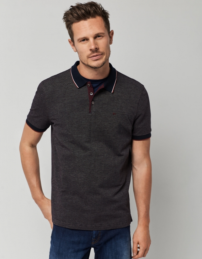 Navy blue, red and white mercerized jacquard polo shirt