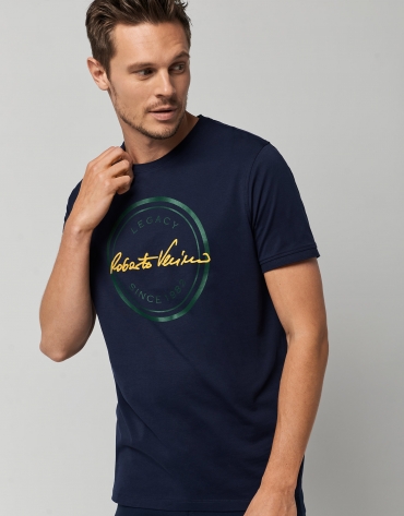 Navy blue top with round yellow and khaki RV logo