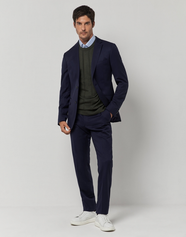 Navy blue wool twill half-canvas slim suit