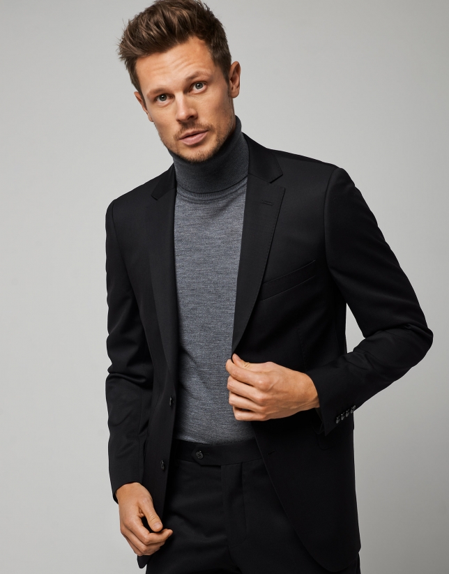 Black wool twill half-canvas slim suit