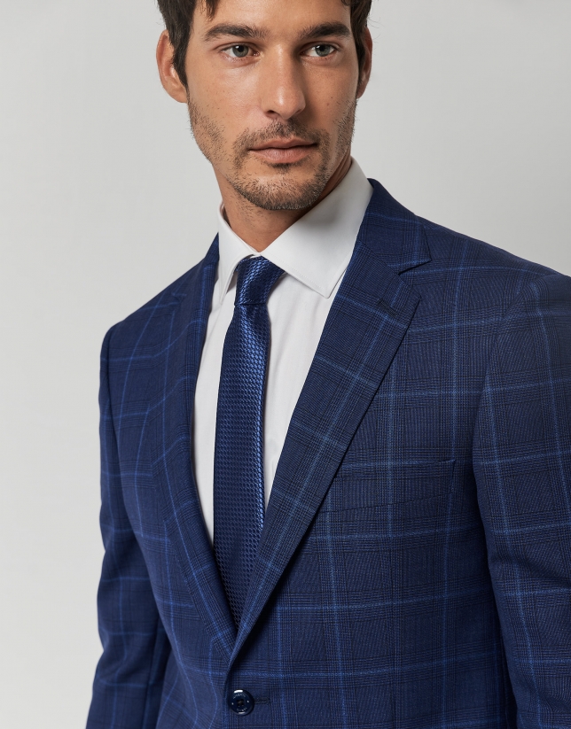 Blue checked with beige stripes slim fit half canvas suit