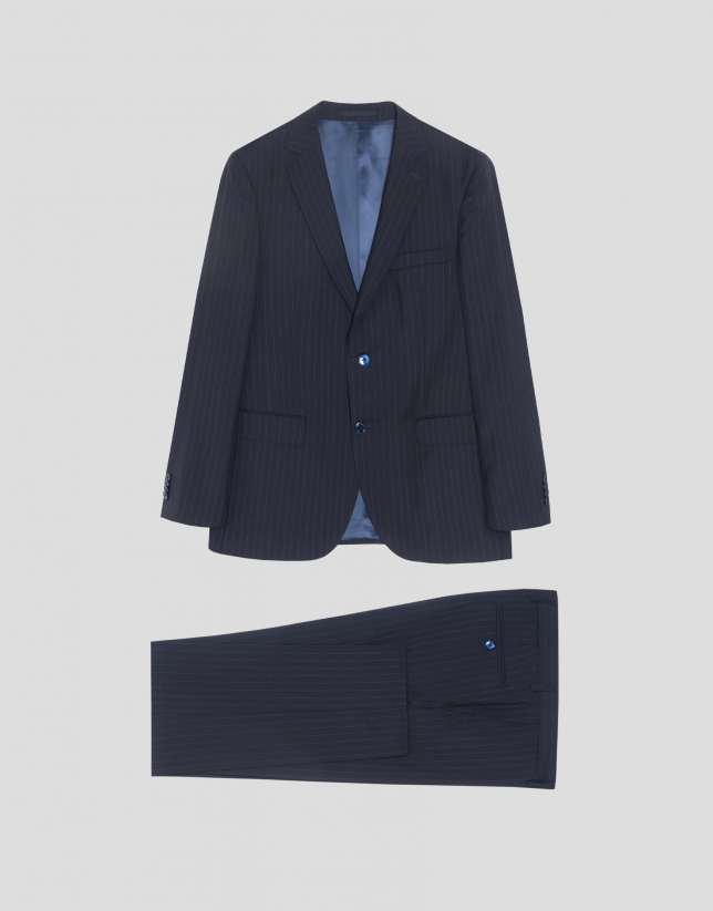 Navy blue pinstriped slim fit half canvas suit