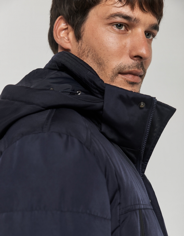 Navy blue quilted tech fabric parka