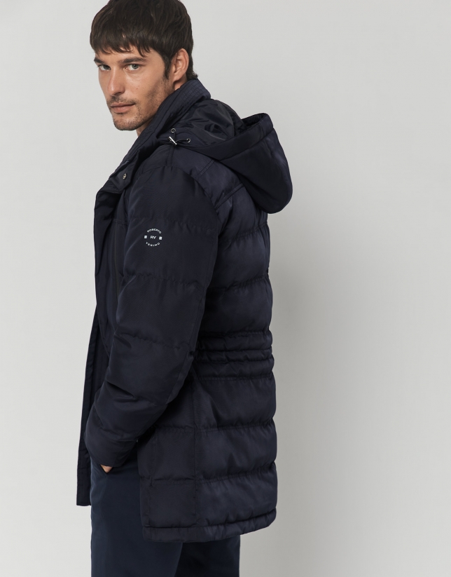 Navy blue quilted tech fabric parka