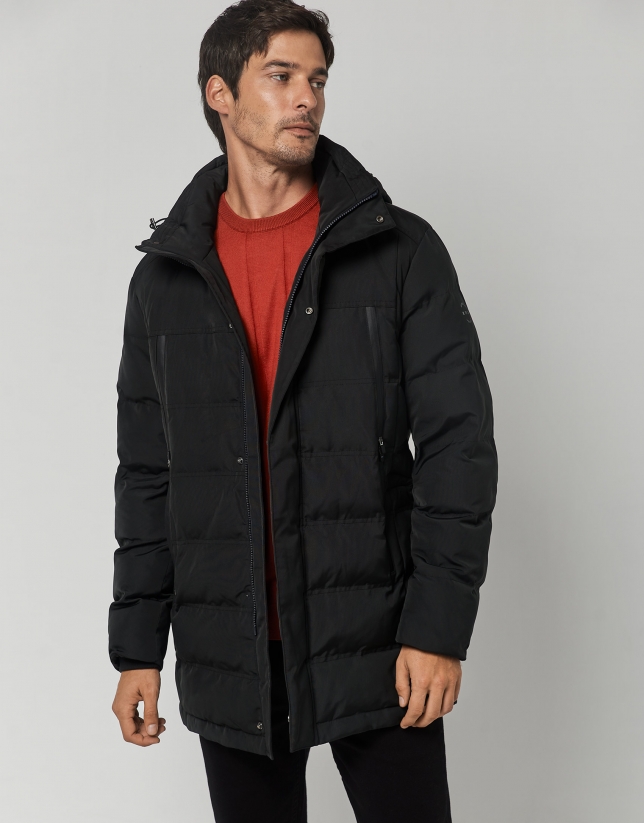 Black quilted tech fabric parka