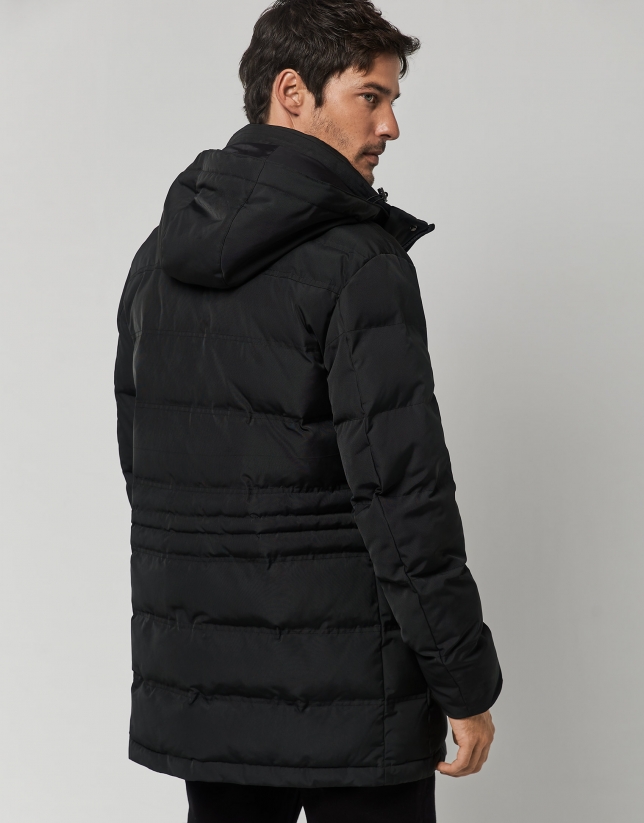 Black quilted tech fabric parka