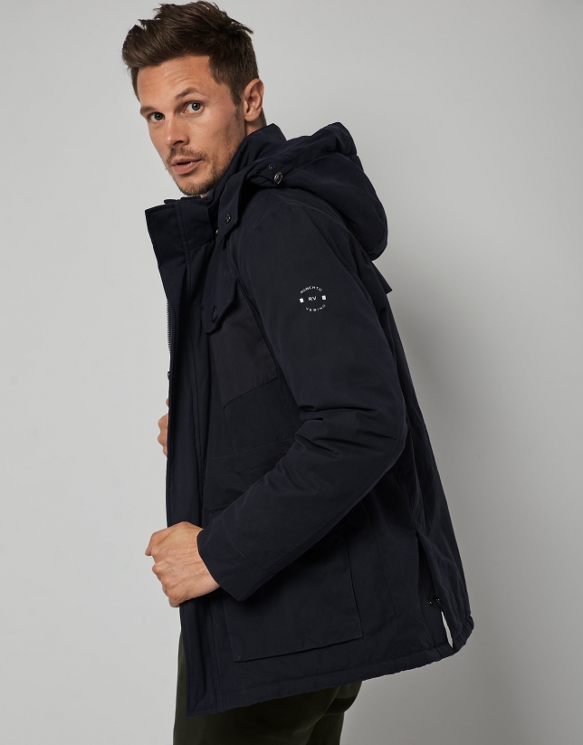 Navy blue quilted parka